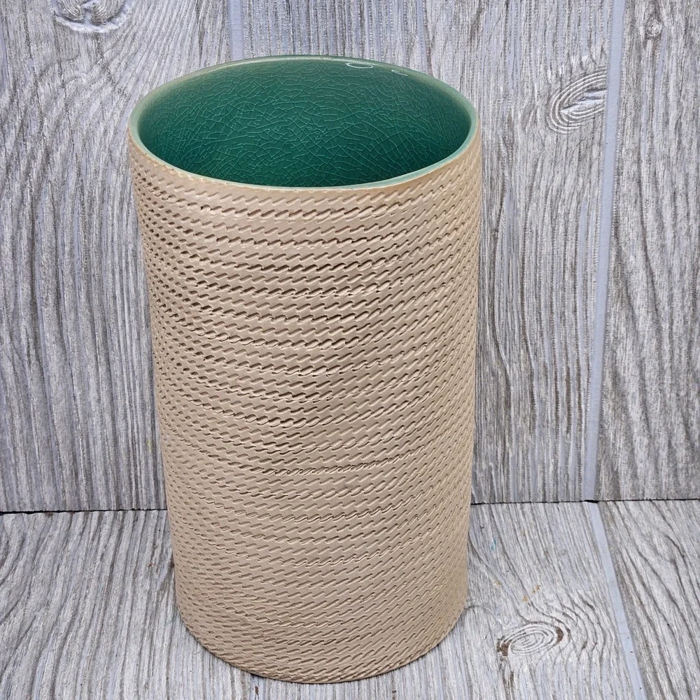 Crate & Barrel Portugal Textured Tan Ceramic Vase Teal Crackle Glaze Interior 7